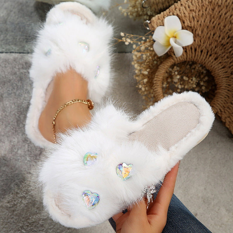 Premium flat fuzzy slippers for women, autumn/winter 2024 new collection, heart-shaped rhinestone embellished plush cotton house slippers