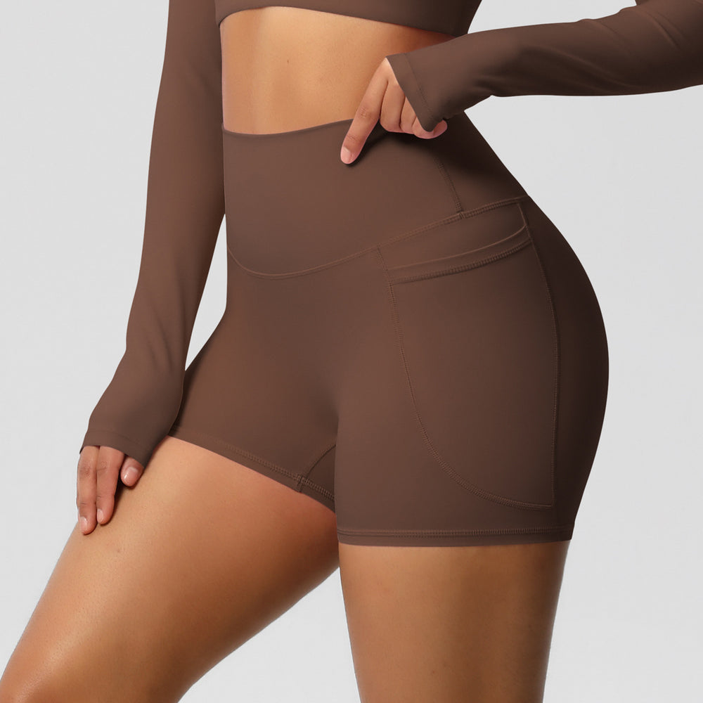 fashion brushed pure colorflap pocket pants high waist tight high elastic yoga shorts sports running fitness three-quarter pants for women