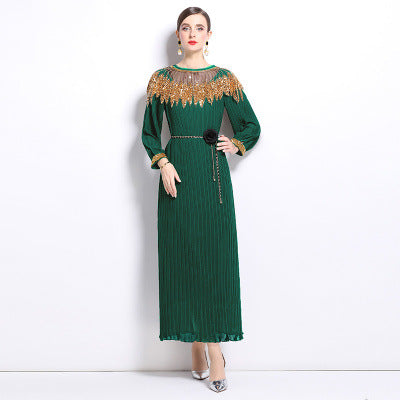 Miyake cross-border heavy industry sequin cloak patch waist pleated loosedress pleated long skirt