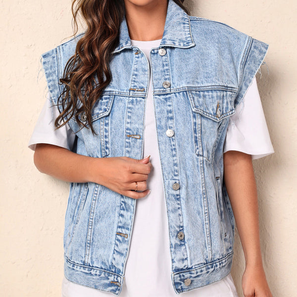 Cross-border European and American popular simple style casual fashion denim jacket vest versatile slim fit autumn and winter express