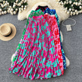 French chic printed high-waisted slimming a-line pleated midi skirt - perfect for vacation or work