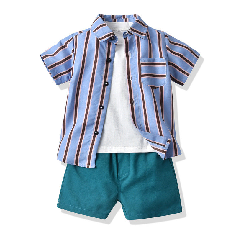 Korean style boys' summer outfit: new cotton short-sleeve shirt and shorts three-piece set - kids' casual wear