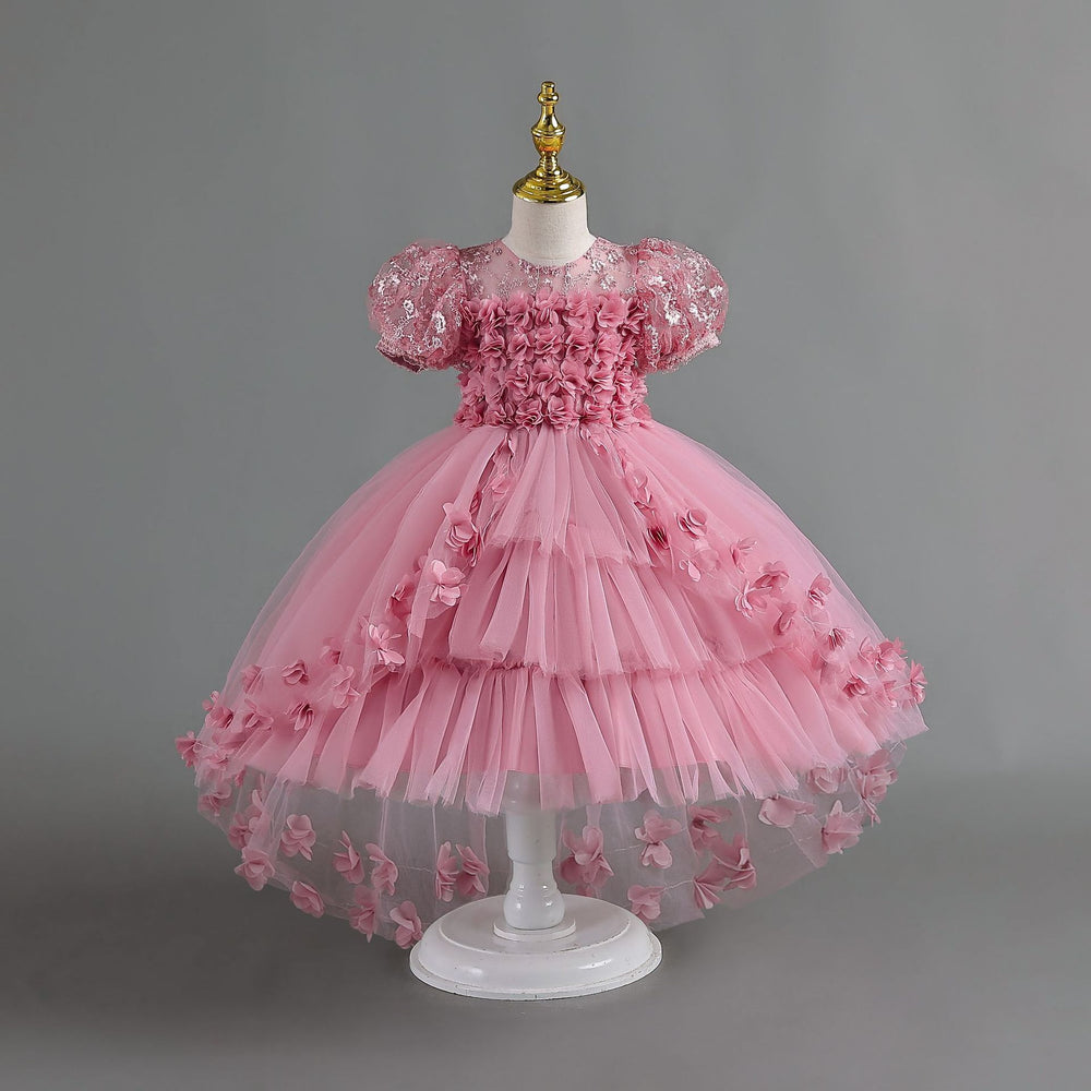 New arrival: lace petal children's formal dress - princess wedding gown with train for little girls