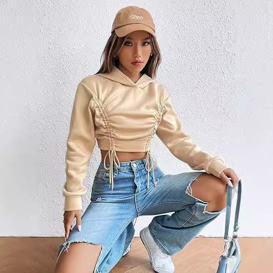 new european and american style high-waisted cropped sweatshirt with drawstring hood, solid color, versatile pullover top for women - trendy spring/autumn collection