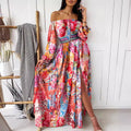 2025 spring/summer new collection: european & american style printed evening gown - v-neck, pullover, vintage long sleeve, high slit maxi dress