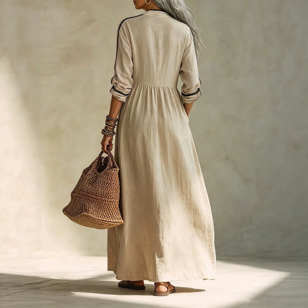 Exportnew arrivalshirt long skirt contrast color trim stand collar half placket three-quarter sleeves flap pocket pants cotton and linen women's dress