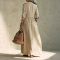 Exportnew arrivalshirt long skirt contrast color trim stand collar half placket three-quarter sleeves flap pocket pants cotton and linen women's dress