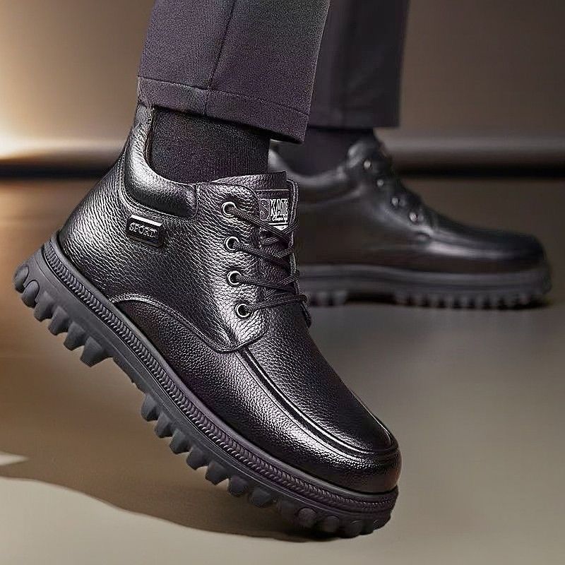Men's winter mid-calf leather-lined cotton shoes for seniors - father's day high-top fleece-lined casual cotton boots - non-slip dad shoes