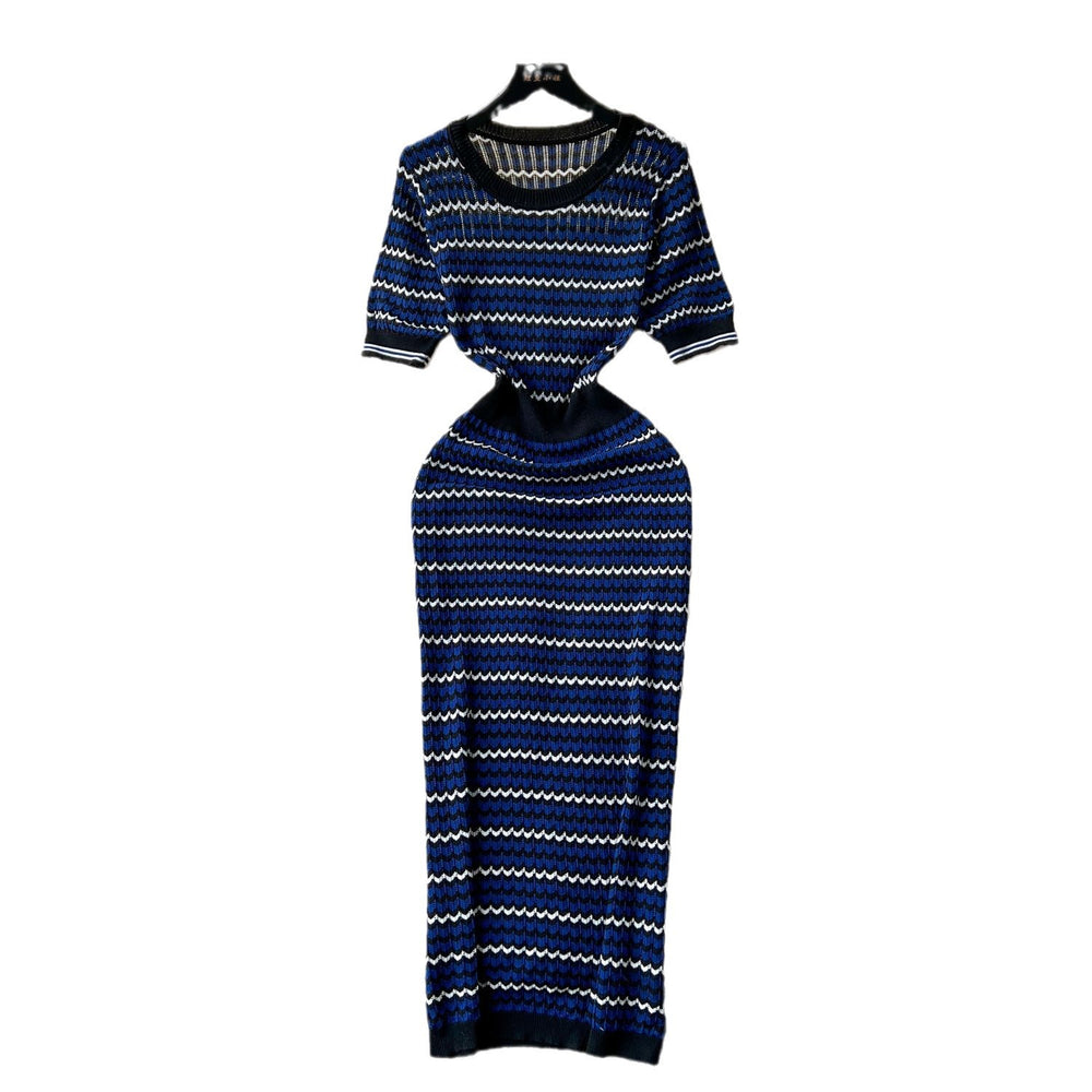 Summernew arrivalniche styleretrocontrast colorstripesknittingdressfemale socialite silmslimming lookround neck short-sleeved long skirt