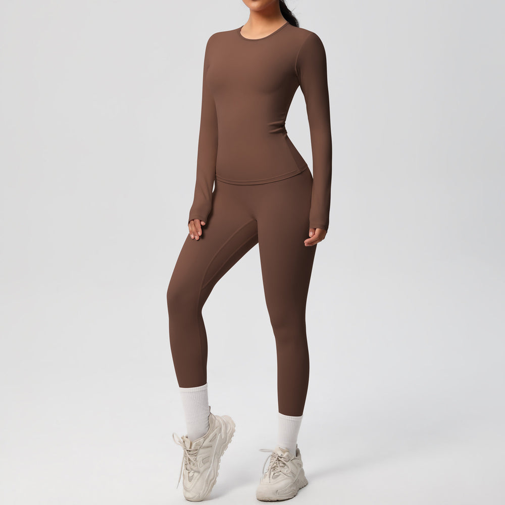 Ready-to-ship cross-border double-sided brushed solid color compression training long sleeve yoga set - activewear running fitness two-piece outfit