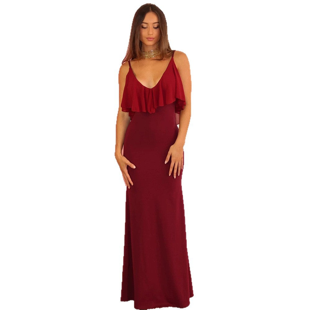 European and american style women's summer  new arrivals: solid color v-neck camisole ruffle trim sexy bodycon mini dress wholesale
