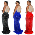 C6807 cross-border   fashion women's solid color round neck sleeveless rhinestone embellished maxi dress