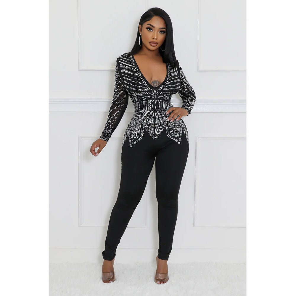 C6875 cross-border   fashion women's solid color v-neck rhinestone long sleeve pants jumpsuit