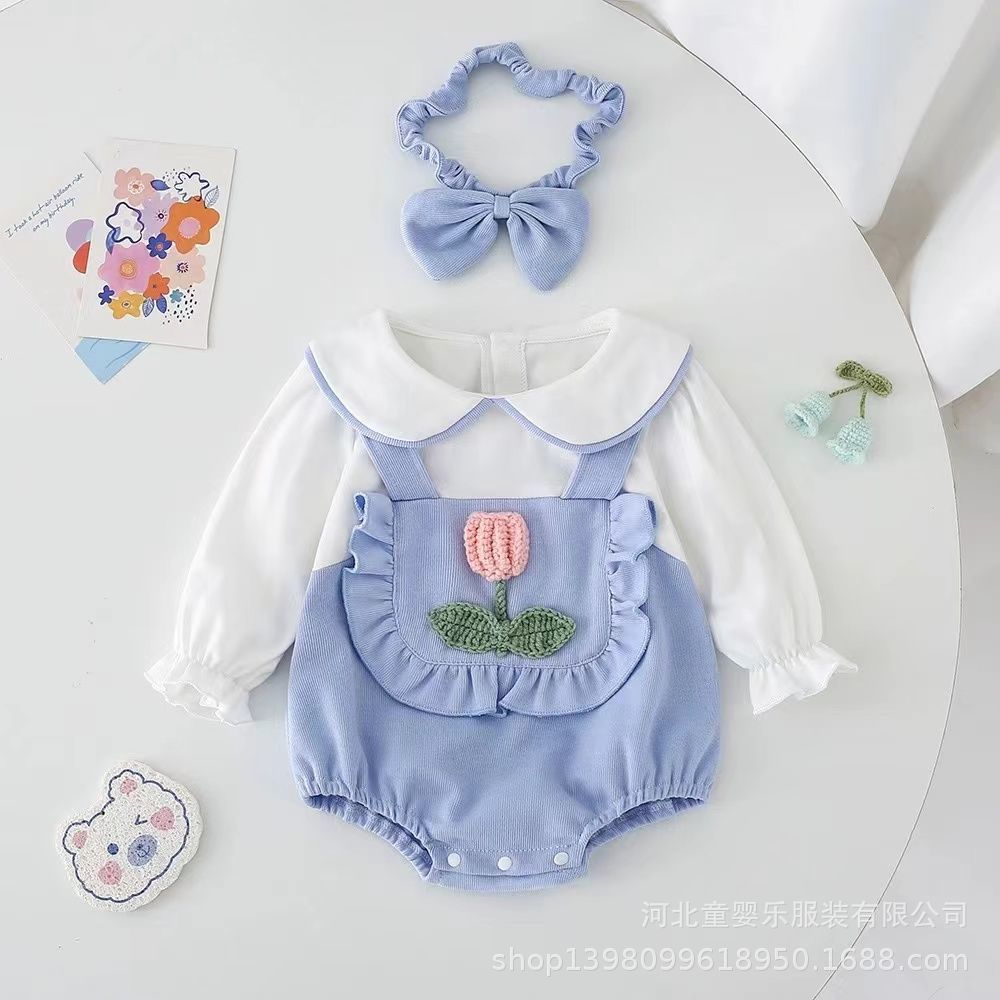 Infant spring & fall long-sleeve bodysuit, baby's 100-day & first birthday outfit, one-piece romper, fresh & cute faux overalls crawling suit