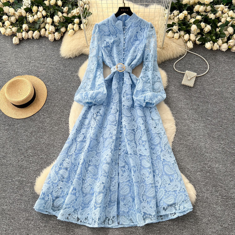 High-end elegance women's dress  new arrivalfrench heavy industry crochet waist single breasted silm lace long skirt