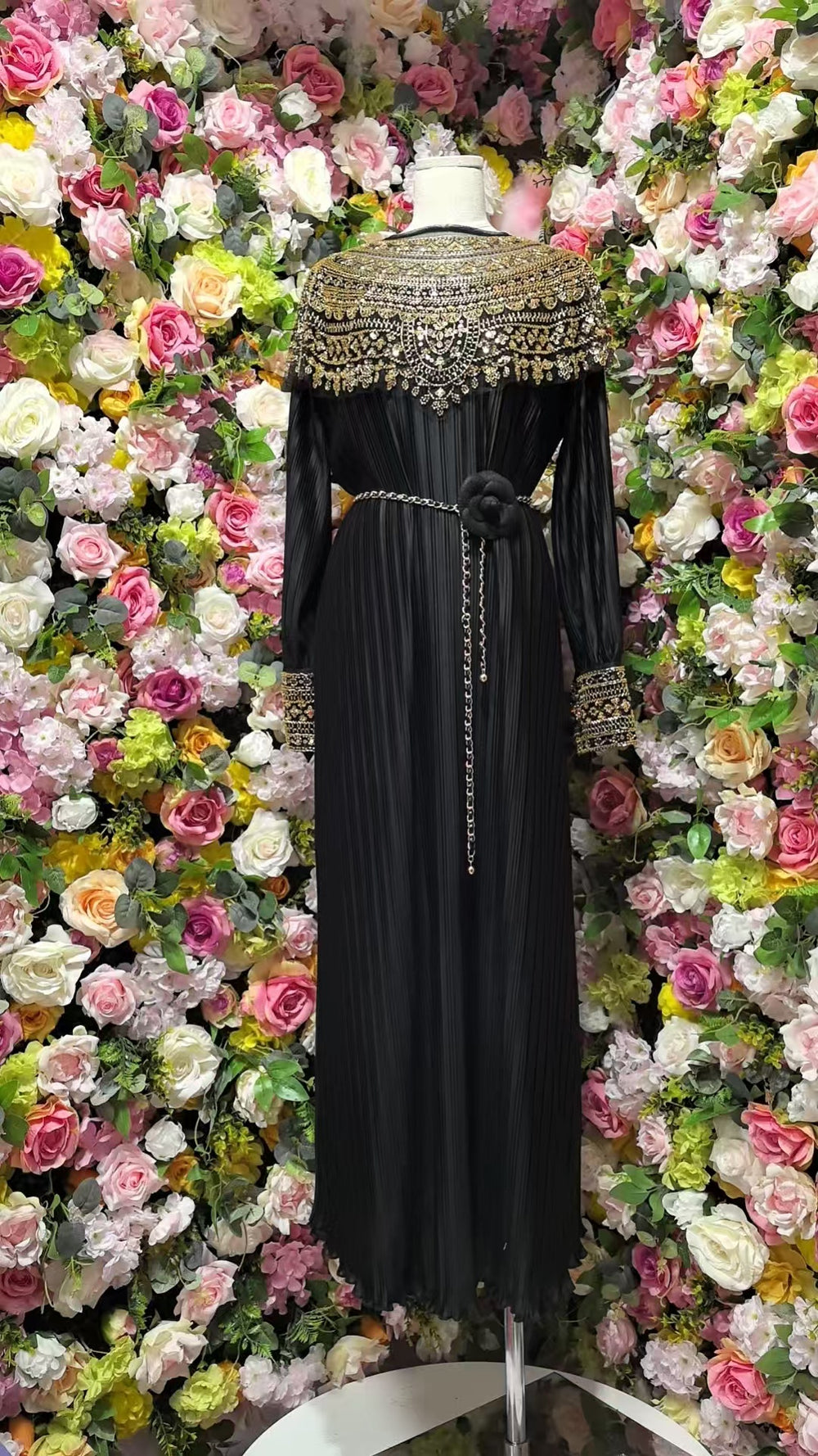 Classy lady style export beading shawl long sleeves pleated loosedress metal belt banquet long dress women