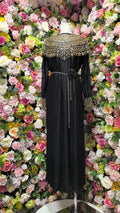 Classy lady style export beading shawl long sleeves pleated loosedress metal belt banquet long dress women