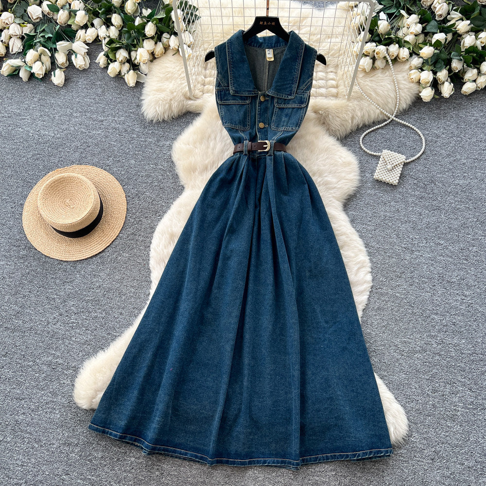 Korean style premium turn-down collar sleeveless denim dress - women's  summer collection - slimming, figure-flattering, versatile maxi dress
