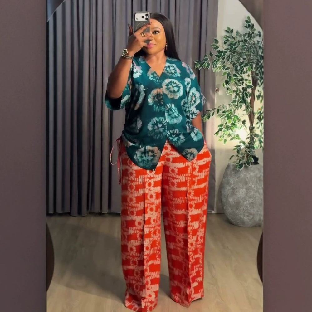 african women's clothing  summer new arrival: elegant v-neck drawstring loose plus size printed top and pants set