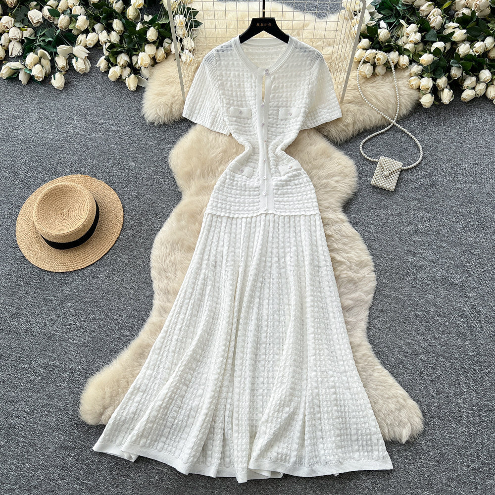 French style chic casual dress - women's short sleeve korean a-line dress - high waist slimming work-ready elegant dress