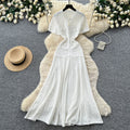 French style chic casual dress - women's short sleeve korean a-line dress - high waist slimming work-ready elegant dress