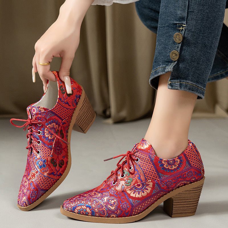 Export pointed toe printing high heel flats women autumnew arrivaltie back cross-border plus size thick heel professional flats 43