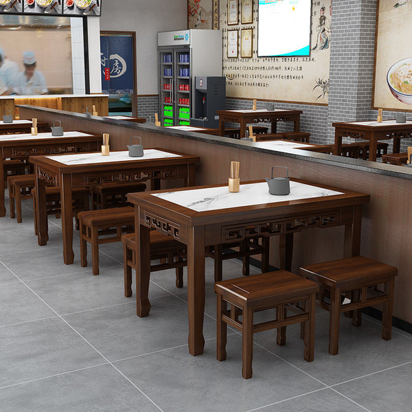 Solid wood hotel dining table and chairs noodle restaurant table and chairs combination retro carved breakfast dining table hot pot barbecue carbonized cp