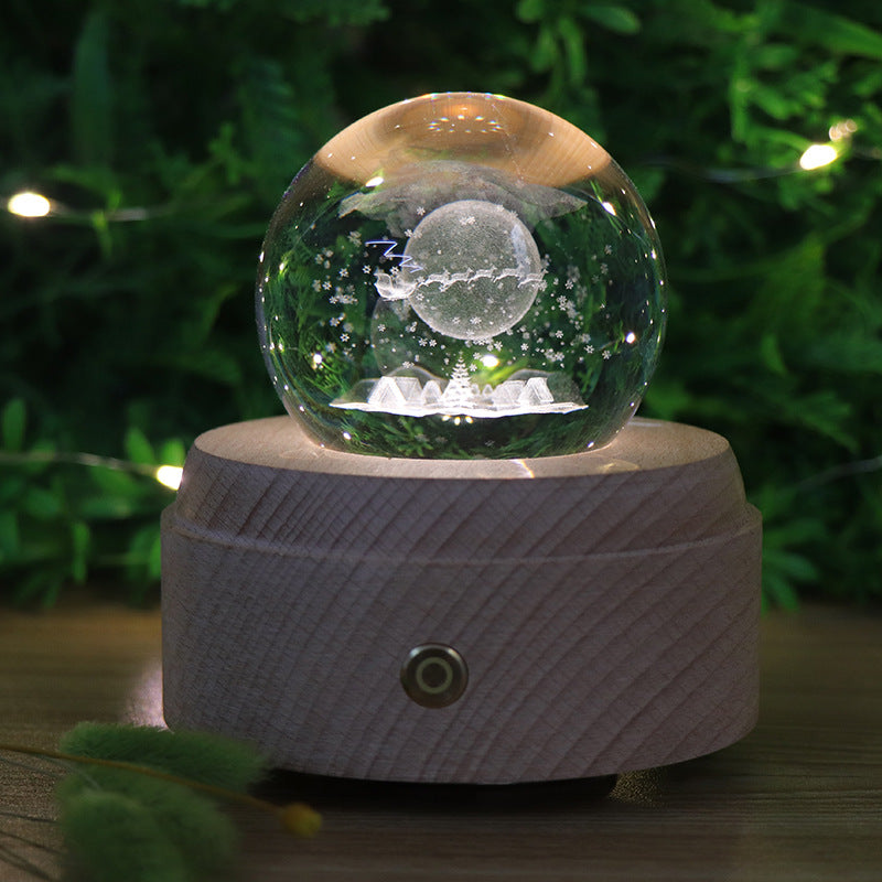 Touch dimming charging night light 3D crystal ball ambient light rotating music box bedroom ornament