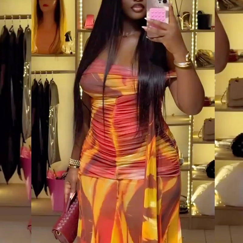 European and american style cross-border women's clothing: loose, comfortable, printed, pleated, cool, bodycon mini dress, bandeau, asymmetrical neckline, vacation maxi dress