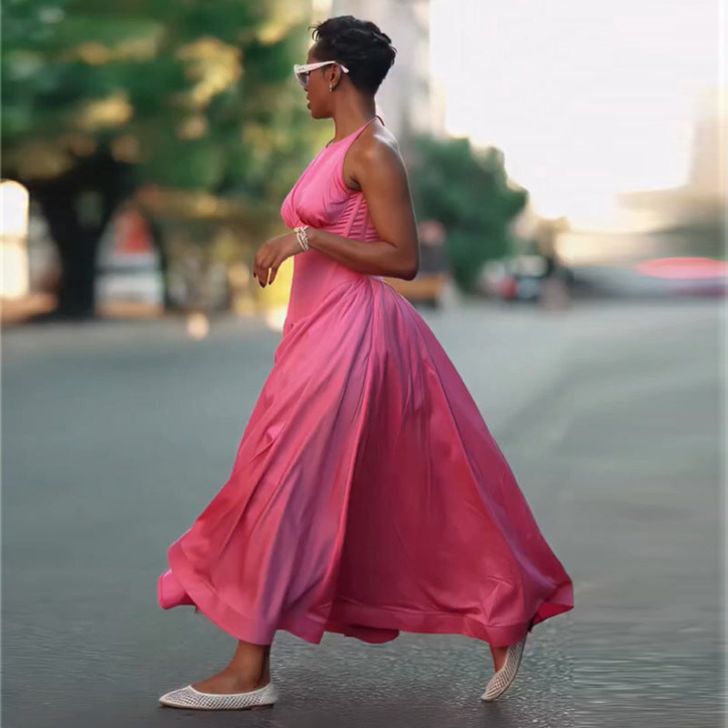 European and american women's clothing  autumn new collection: sweet and fresh sleeveless a-line maxi dress with cinched waist for a slimming silhouette