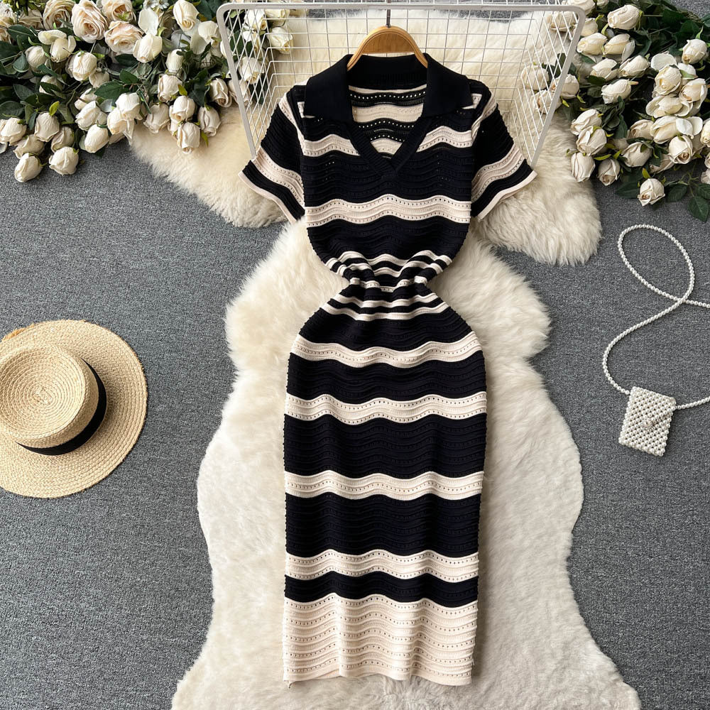 Polo collar short-sleeved stripesknittingdress women's summernew arrival hip-hugging slimming lookniche stylecut outv neck mid-length skirt
