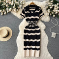 Polo collar short-sleeved stripesknittingdress women's summernew arrival hip-hugging slimming lookniche stylecut outv neck mid-length skirt