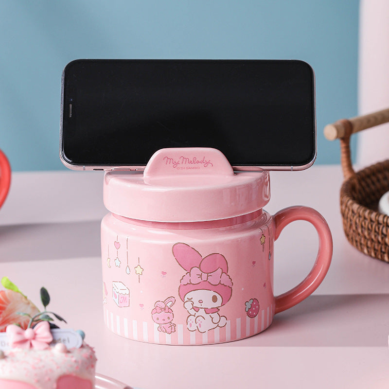Sanrio ceramic mug Hello Kitty mobile phone holder cup lid high value coffee cup couple cute drinking cup