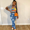 European and american cross-border women's clothing:  casual denim streetwear trendy hot girl floral print straight-leg jeans