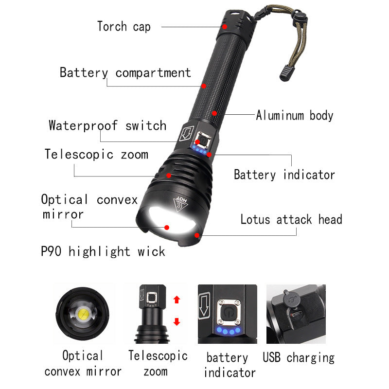Cross-border strong light XHP-160USB charging high power telescopic zoom hot-selling power display flashlight