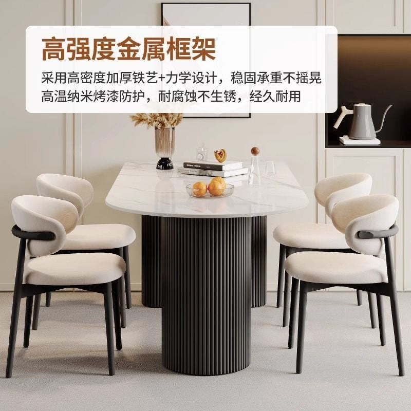 French cream half-round rock slab dining table and chairs - modern minimalist italian style dining set for small spaces
