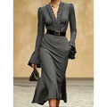 Women's spring/autumn fashionable and elegant ruffle-trimmed neckline, cinched waist, long-sleeved midi dress (belt not included)