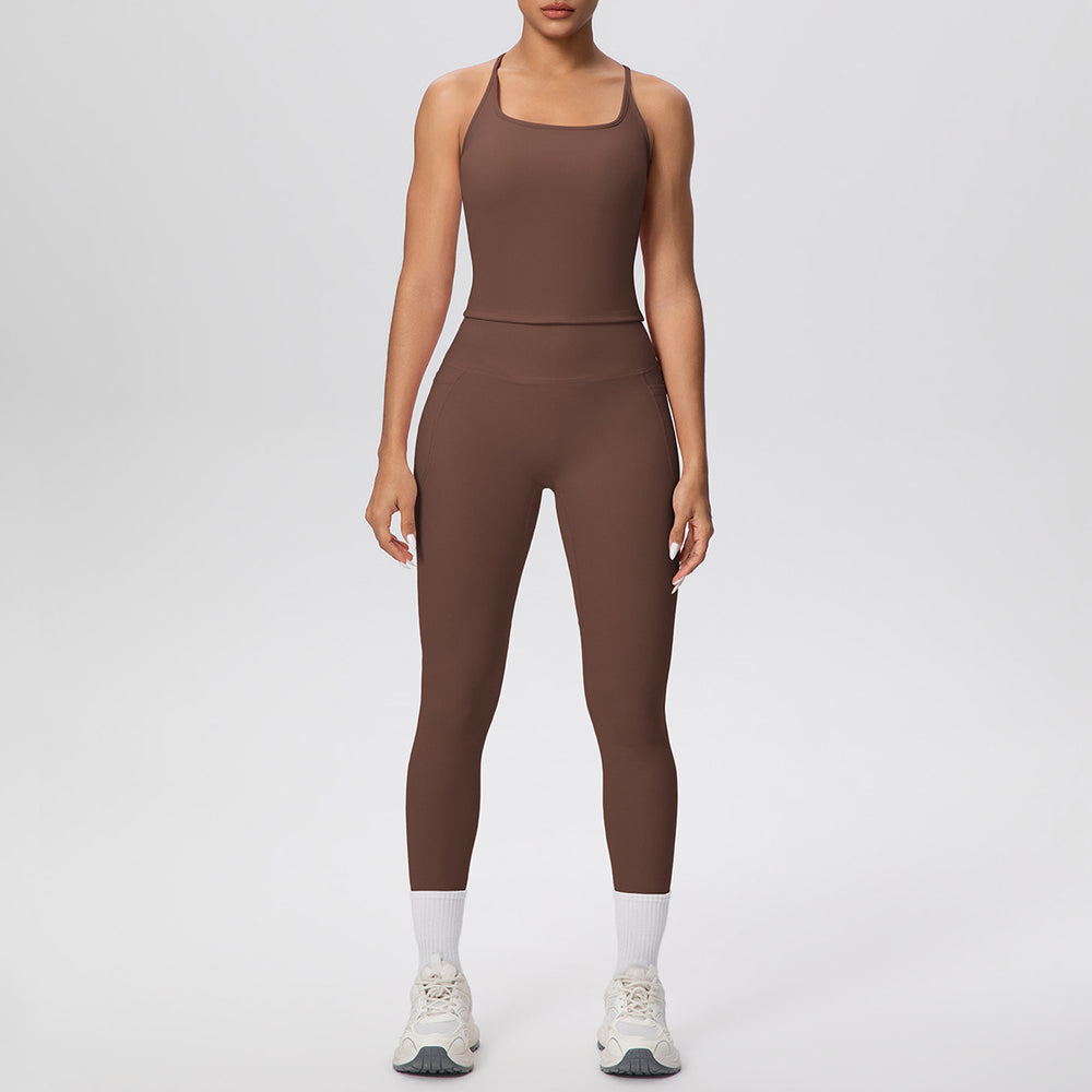 New arrival cross-border brushed back tight i-shaped back flap pocket pants yoga suit sports running fitness two-piece set