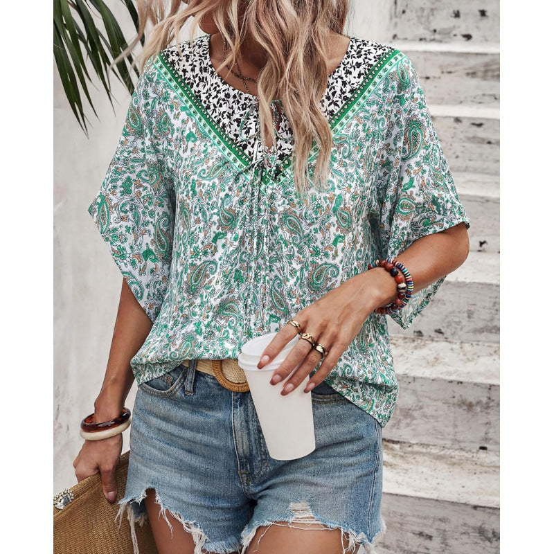 Amazon fashioncasualfloralsv neck short-sleeved shirt for women summernew arrivalbohemiatops