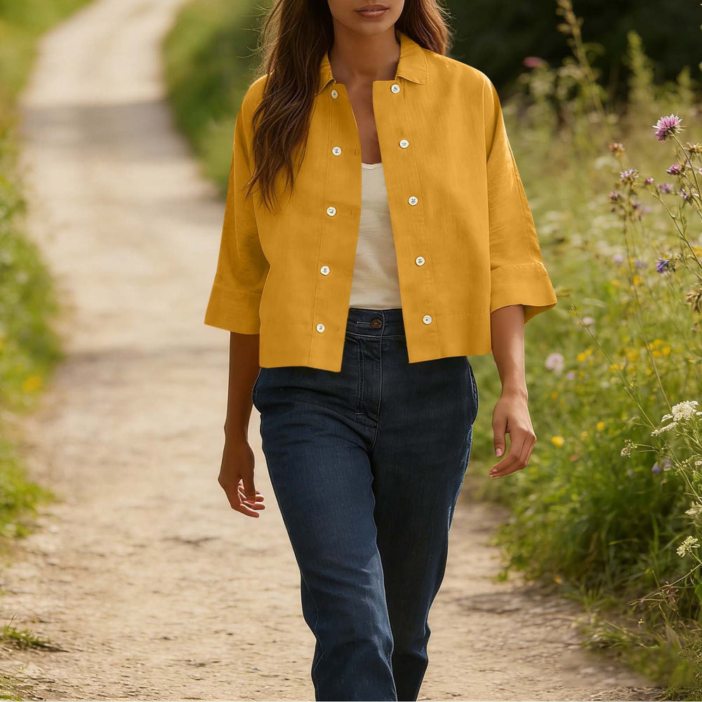 cross-border  solid color cotton linen double-breasted cropped short-sleeve cardigan shirt women's top blouse