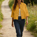 cross-border  solid color cotton linen double-breasted cropped short-sleeve cardigan shirt women's top blouse