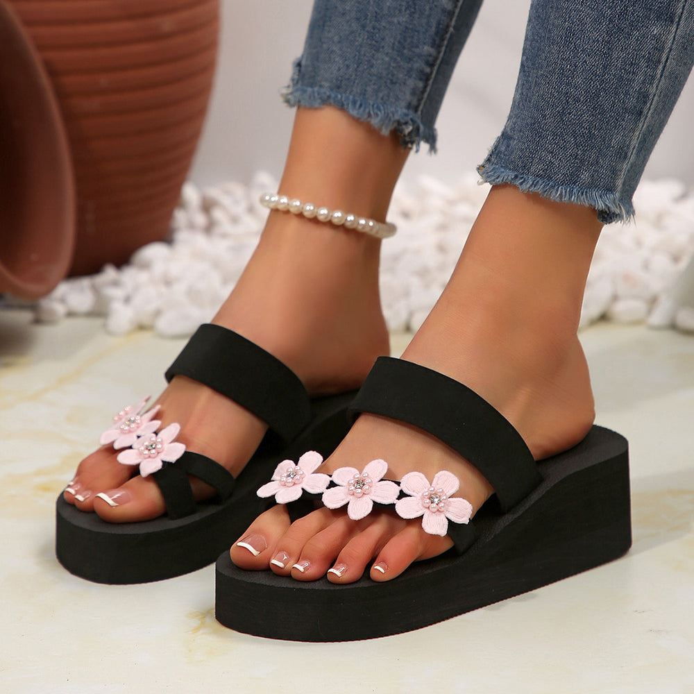 plus size beach slippers for women summer outwearthick sole high-heeled cool women's k-style seaside flower wedge toe slippers