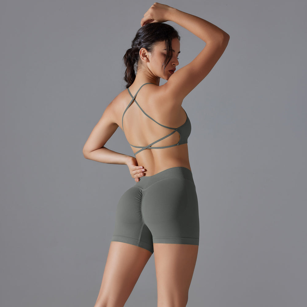 New seamless solid color criss-cross back high-elasticity compression sports bra and leggings set - perfect for running and fitness