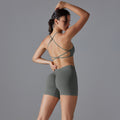 New seamless solid color criss-cross back high-elasticity compression sports bra and leggings set - perfect for running and fitness