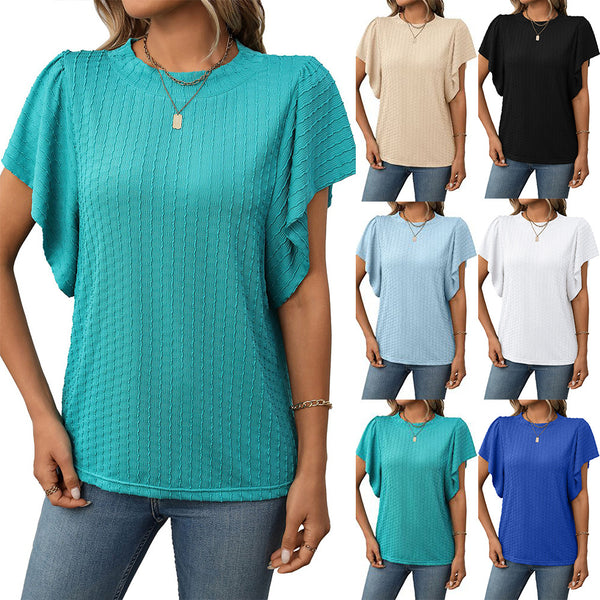women's clothing European and American  2025 summer TK new solid color round neck lotus leaf sleeve short sleeve T-shirt top