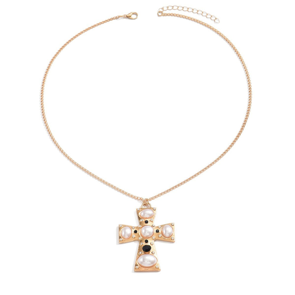 Imitation pearl metal cross pendant wholesale - european & american cross-border punk style - unique necklace for women - high-end clavicle chain