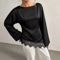 Round neck large horn long sleevestops women's asymmetrical hem lacepatchworklooseelegant women's clothing export cross-border