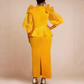 African fashion plus size round neck mesh bubble sleeve dress ruffle hem bodycon party gown