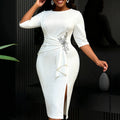 New arrivalfashionwhite appliqué dress ruffles pleated waist slit elegance party hip skirt dress