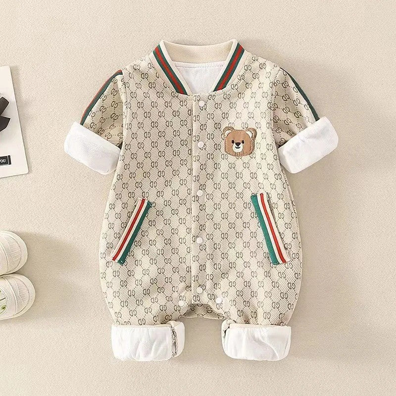 Unisex baby spring/autumn fashionable bear print double-layer romper - stylish outfit, cute crawling suit